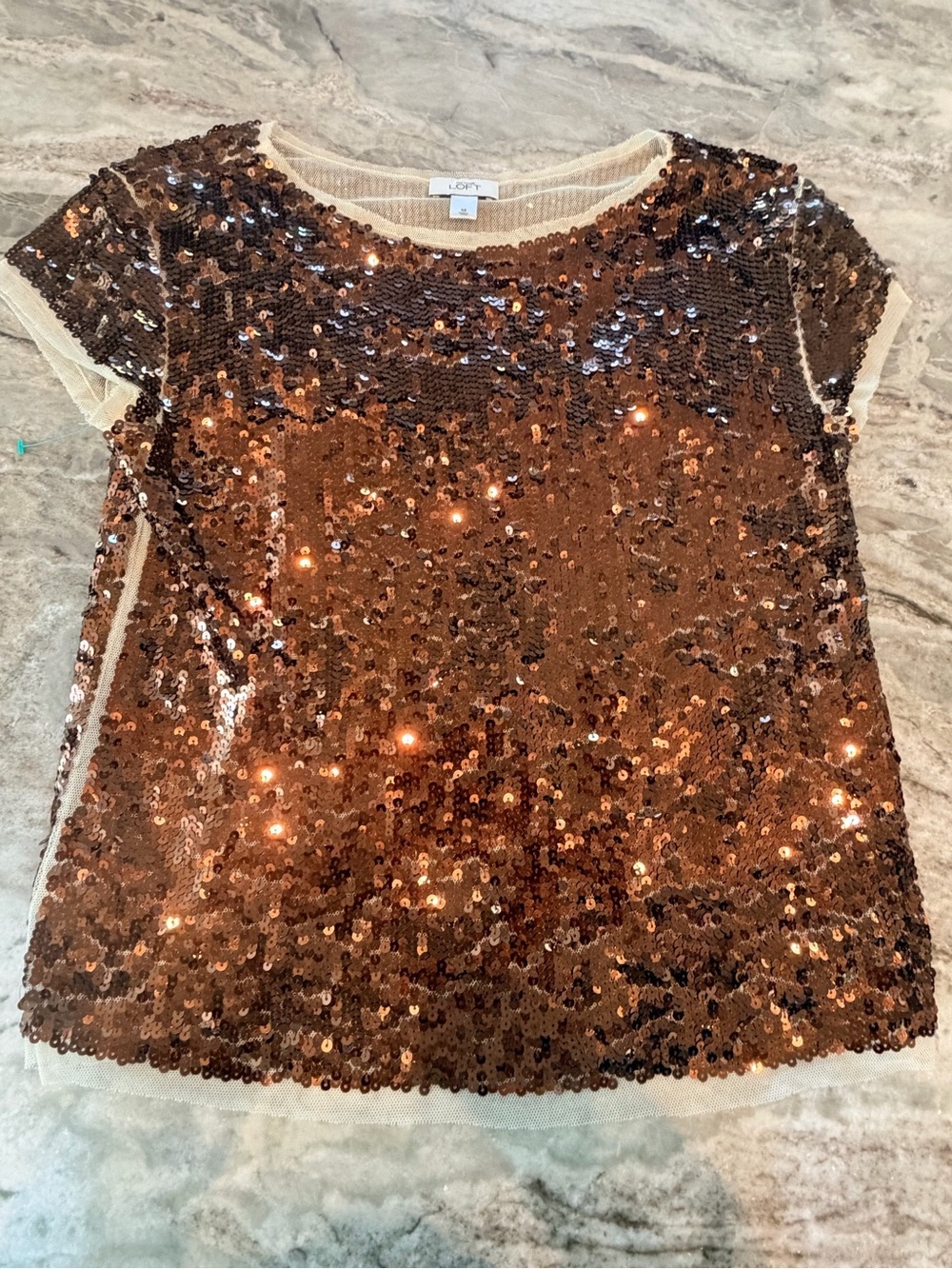 LOFT Bronze Sequin Top Womens Medium Short Sleeve Party Holiday Blouse